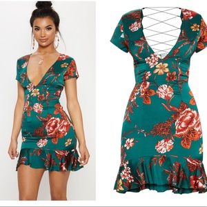 Emerald Green Criss Cross Back Frill Hem Dress